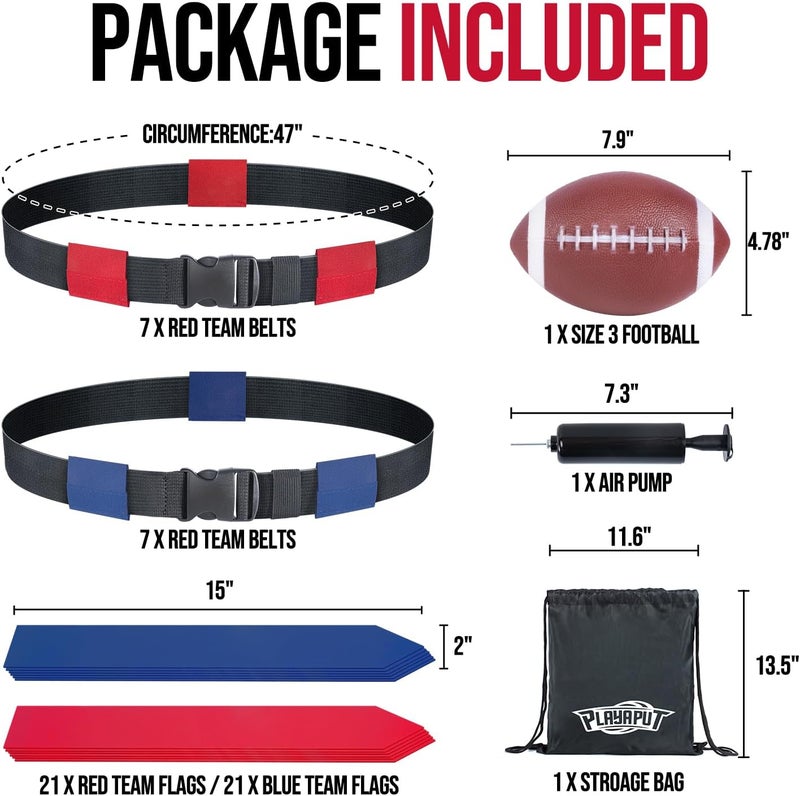 PLAYAPUT Flag Football Belts, 14 Player Adjustable Flag Football Set With 42 Football Flags,Size 3 Football, Pump and Storage Bag, Size Adjustable Up To 47 Inch Flag Football Belt For Kids,Youths,Adults - Image 2